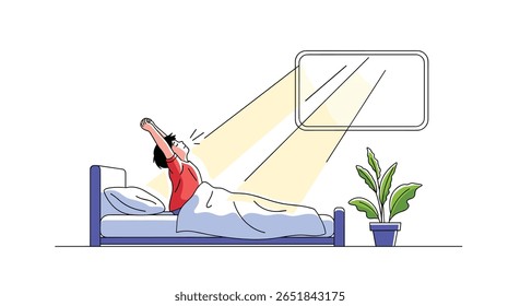Pessoa acordando na cama sentindo-se revigorada e energética com a luz do sol fluindo para o quarto