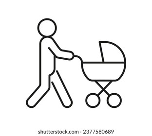 Person walk with baby stroller, line icon set. Newborn in carriage. Motherhood. Vector illustration