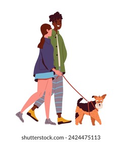 Concepto de caminata personal. Hombre y mujer caminan con perro al menos. Carácter con ropa casual. Pegatina para redes sociales y mensajeros. Dibujo vectorial plano de dibujos animados aislado en fondo blanco