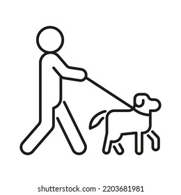 Person walk with dog on leash, line icon. Owner pet. Vector outline sign