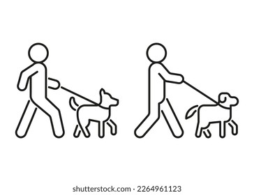 Person walk with dog on leash, line icon. Owner pet, breeder. Dog sitting. Vector outline sign