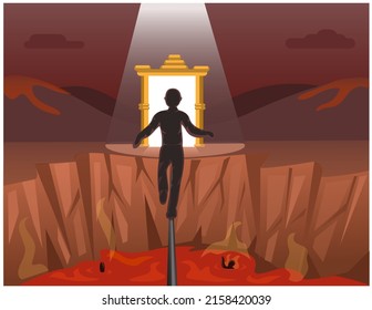 Person walk on a rope to go across hell to heaven gate. religion spiritual journey scene cartoon illustration vector