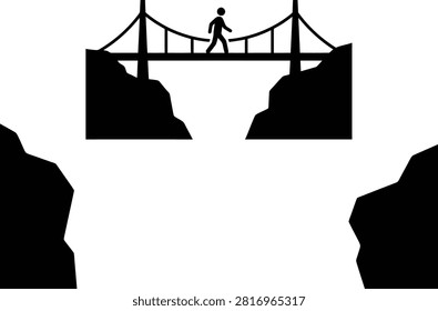 Person walking across bridge between two cliffs