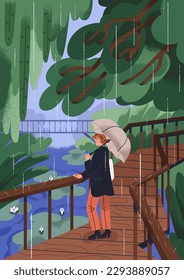 Person walking alone in park, strolling under umbrella in rainy weather. Woman in nature in rain. Girl standing among trees in rainfall shower, enjoying, contemplating. Flat vector illustration