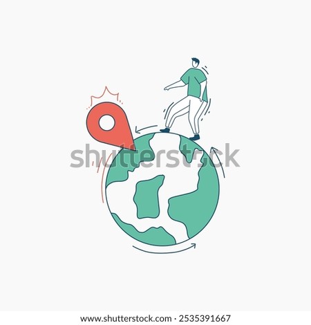 A person walking around the globe with a red pinpointing a location.