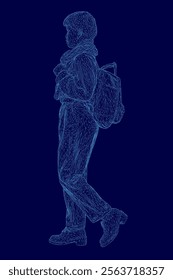 Person is walking with a backpack on a blue background. The image is a digital of a person, and the backpack is a small detail. Scene is somewhat abstract and surreal