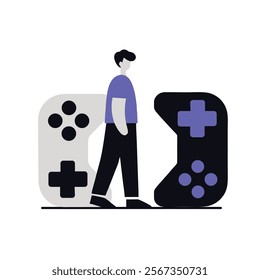 Person Walking Between Two Gaming Controllers - Creative Illustration