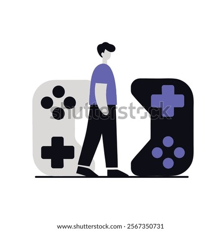 Person Walking Between Two Gaming Controllers - Creative Illustration