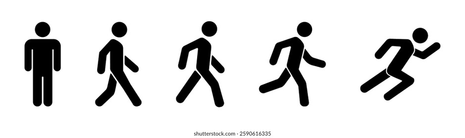 Person walking black filled and outlined icon set. Man stands, walk and run. 