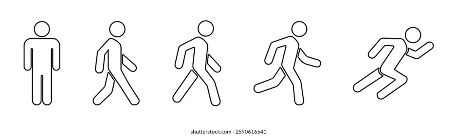 Person walking black filled and outlined icon set. Man stands, walk and run. 