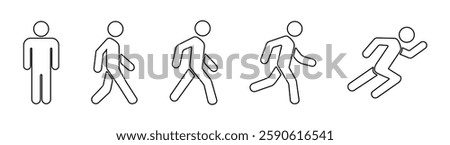 Person walking black filled and outlined icon set. Man stands, walk and run. 