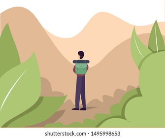 Person walking to camp. illustration in flat design vector graphic design style