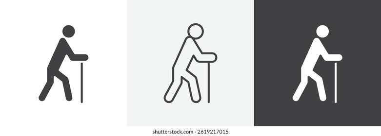 Person walking with cane flat and liner vector icons set