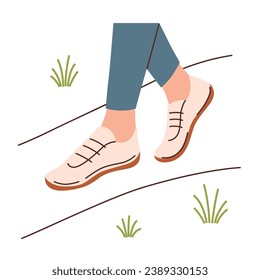 Person walking in comfortable casual shoes, vector doodle of woman legs in barefoot shoes, hiking footwear illustration, sneakers icon, isolated colored clipart on white background
