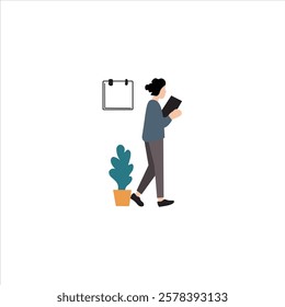 Person walking with documents in a modern office setting