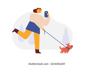 Persona caminando con conjunto de ilustraciones vectoriales planas de perro