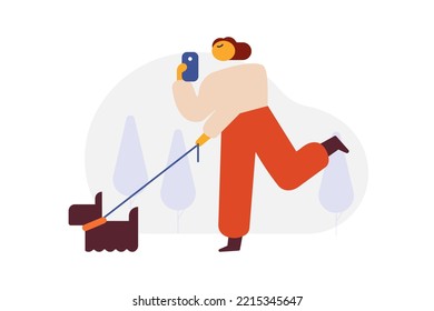 Persona caminando con conjunto de ilustraciones vectoriales planas de perro