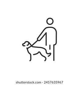 Person Walking Dog icon. This minimalistic icon represents a person taking a dog for a walk, a common responsibility of pet ownership. For businesses offering pet care services. Vector illustration 