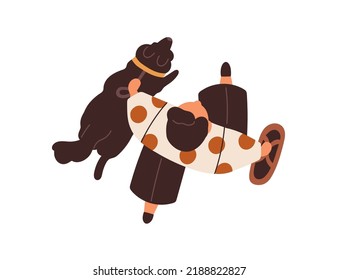 Person Walking With Dog On Leash, Top View. Pet Owner Strolling, Leading Big Doggy Overhead, From Above. Character And Canine Animal Go Outdoor. Flat Vector Illustration Isolated On White Background