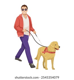 Person walking a dog on a leash in a casual outfit. Vector illustration