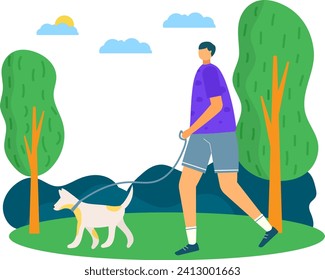 Person walking a dog in the park during daytime. Casual stroll with pet in natural setting. Leisure activity and pet care vector illustration.