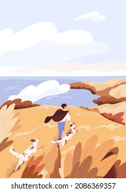 Persona caminando con perros en pacífica naturaleza otoñal. Feliz hombre y mascotas al aire libre, descansando en el mar en las vacaciones de otoño. Paisaje sereno. Felicidad y concepto de libertad. Ilustración vectorial plana de color