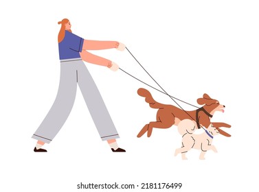 Person walking with dogs. Young woman walker leading doggies on leash. Girl, pet sitter strolling with canine animals, puppies. Flat graphic vector illustration isolated on white background