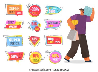 Person walking with food bought in supermarket. Collection of isolated promotional banners with sales and discounts for shoppers. Shops and stores coupons and clearance reductions of price. Sale time