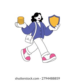 A person walking, holding a stack of gold coins in one hand and a golden shield in the other, symbolizing financial balance and security.