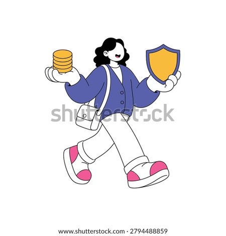 A person walking, holding a stack of gold coins in one hand and a golden shield in the other, symbolizing financial balance and security.