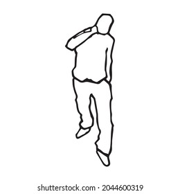 Person walking and holding telephone or something in hand, pen drawing outline illustration. Human moving one hand up and other in the pocket, simple full body abstract decoration. Cartoonish adult.