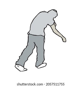 Person walking home drunk and trying to stay on his feet pen drawing symbol. Alcoholic man barely stager and trying not to fall down, hand drawn colored outline illustration. Gray human walk.