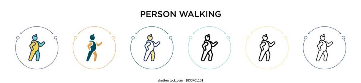 Persönliches Wandersymbol in voller, dünner Linie, Umriss- und Strichstil. Vektorgrafik von zwei farbigen und schwarzen Menschen, die Vektorsymbole laufen, kann für mobile, i, web-basierte