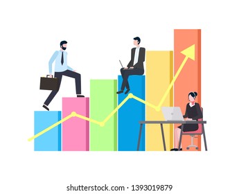 Person walking up infographics vector, man carrying briefcase and employees working on leader. Secretary sitting by table typing on laptop and coder