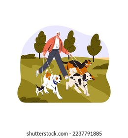 Person walking with many dogs, leading doggies on leash. Pet sitter, volunteer going with lot of puppies outdoor in nature. Man with pups in park. Flat vector illustration isolated on white background