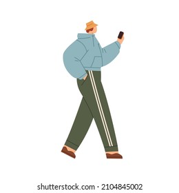 Person walking with mobile phone in hands. Young man using smartphone on the go. Guy strolling with cellphone, surfing internet, social media. Flat vector illustration isolated on white background