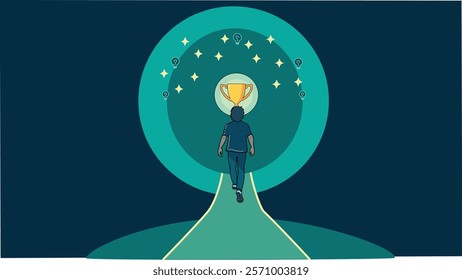 A person walking on a glowing path toward a golden trophy, surrounded by stars, arrows, and ideas. Symbolizes ambition, success, goal achievement, innovation, and progress with a futuristic theme.