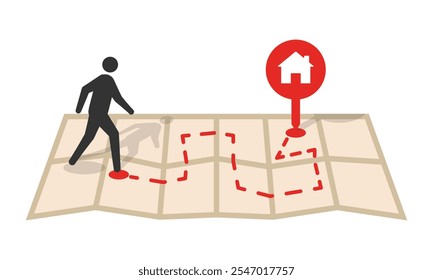 Uma pessoa caminhando em um mapa em direção a um alfinete vermelho representando um local de residência. Ilustração do conceito de navegação