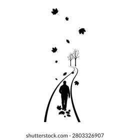 Person walking on path with falling autumn leaves silhouette design