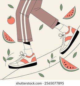 A person is walking on a sidewalk with a watermelon and an orange in the background. The watermelon is sliced and scattered around the person's feet