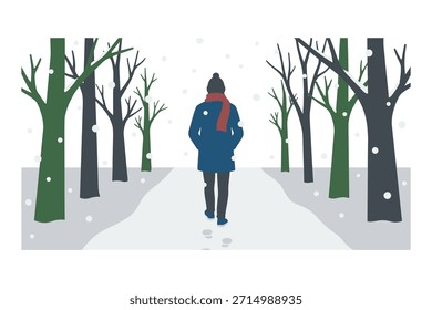 Pessoa caminhando em caminho nevado. Passeio de inverno no parque. Caminhada solitária na natureza. Caminhada de tempo frio entre as árvores. Cena de queda de neve.