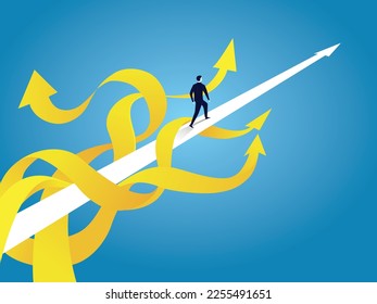 Person walking on straight path ignoring other distraction or obstacles, focus and determination concept, vector illustration