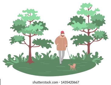 Person walking in park with dog vector, pet on leash with owner. Mammal with furry coat, tree and grass, man strolling in forest natural environment