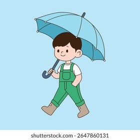 A person walking in rain boots with an umbrella. minimal line illustration.