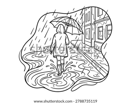 Person Walking in Rain with Umbrella, Vector Illustration of a Woman Wearing Raincoat and Boots Splashing in Puddles on a City Street during Stormy Weather