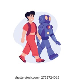 Persona caminando con un compañero robot   Vector ilustración plana. 