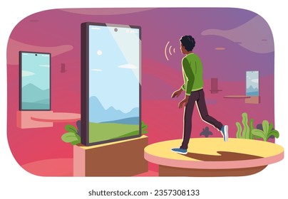 Person walking in smartphone cyberspace world. Man communication in mobile cell phone or tablet virtual space. Internet surfing, online network connection technology concept flat vector illustration