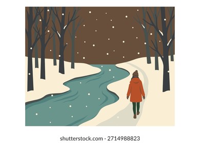 Person walking a snowy path next to a river in a peaceful winter forest. Evokes themes of nature, solitude, and cold weather landscapes.