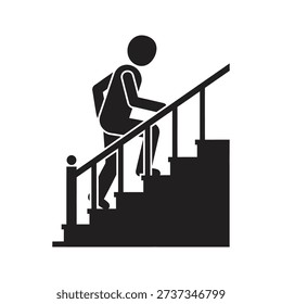 Person walking up staircase holding railing representing career promotion progress success ambition personal growth improvement upward movement climb