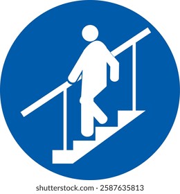 person walking up the stairs while holding a handrail, mandatory sign, safety, proper handrail use.